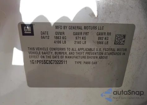 2012 Chevrolet Cruze 1Lt z USA, uszkodzony, nr VIN 1G1PF5SC3C7322511